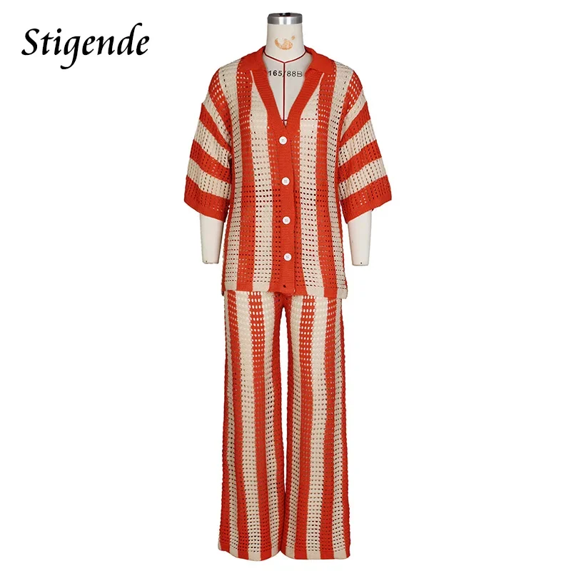 Stigende Knitted Striped Two Piece Outfits Women Casual Loose Wide Leg Pants Set Vacation Clothes