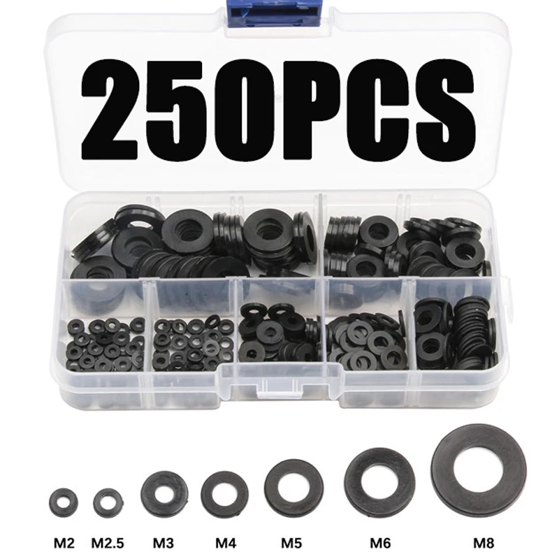 250PCS Nylon Washer Assortment Kit M2 M2.5 M3 M4 M5 M6 M8 Black  White Insulating Spacers  Seals for DIY  Repair