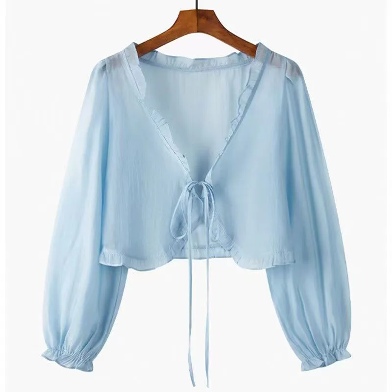 Xpqbb Solid Color Long Sleeve Chiffon Blouse Woman Summer Thin Ruffles Sunscreen Shirt Women Cropped Lace Up See Throug Cardigan