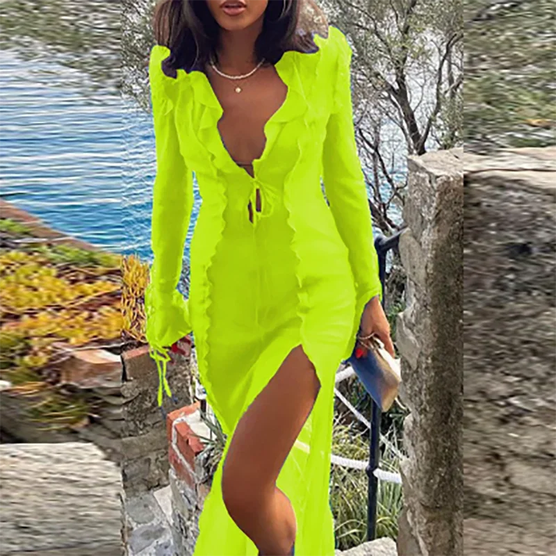 Sexy Hollow Bandage Long Dresses Elegant Deep V Ruffled Slim Bikini Dress New 2024 Summer Perspective Split Beach Cover Up Dress