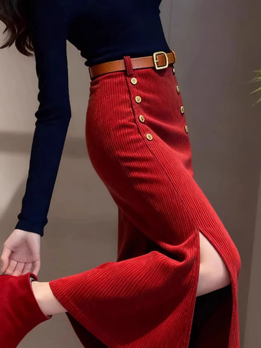 Women Simple Temperament Commuting High Waist Corduroy Midi Skirt Double Breasted Decor Buttons Side Slit A Line Long Skirt