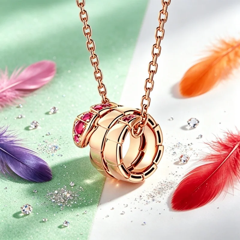 

Fashionable rose gold snake pendant necklace with red crystal