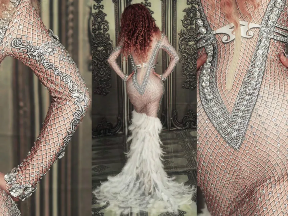 Disfraz de mujer con borlas de diamantes de imitación, body elástico grande, ropa de espectáculo de fiesta de baile de cantante femenina, ropa de club nocturno