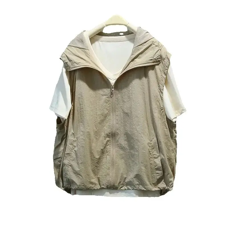 

2025 New Summer Korean Hooded Vest Female Loose Sleeveless Jacket Fashion Zipper Sun Protection Waistcoat Women Thin Tops T1169