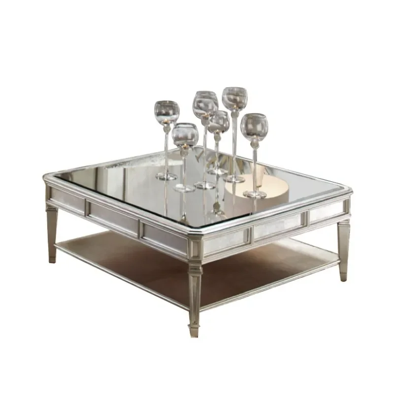 Square Glass Coffee Table Solid Wood Frame Modern Living Room Furniture French Style Side Table for Sofa TV Cabinet Combo