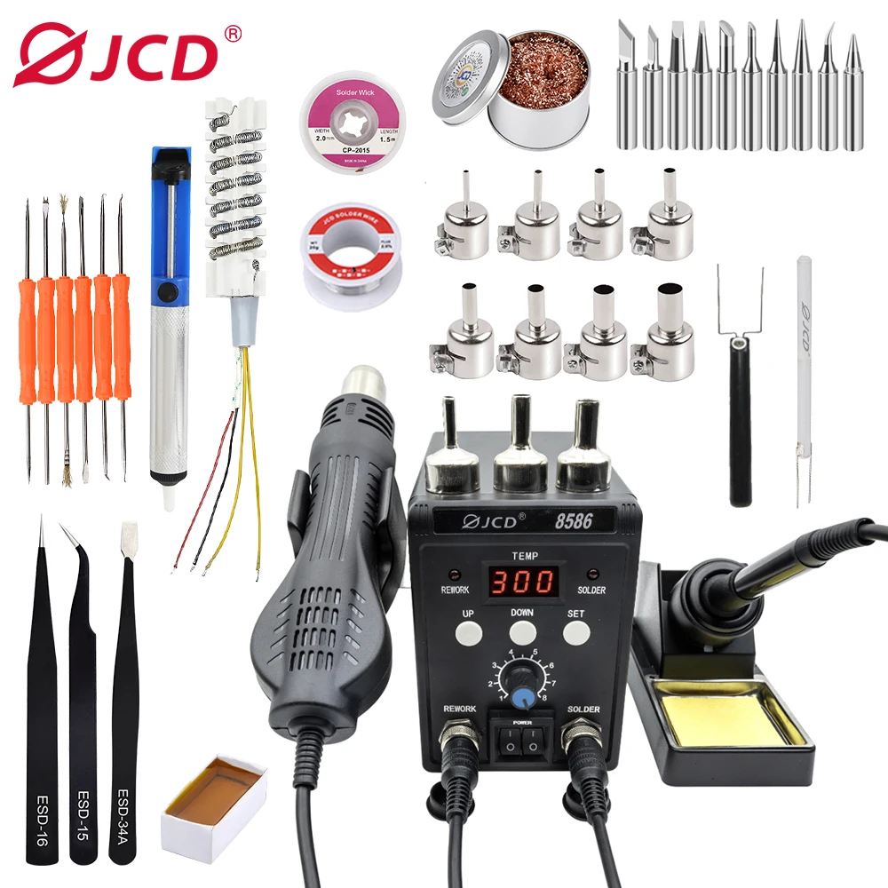 JCD 2 in 1 납땜 스테이션 8586 LED 디지털 디스플레이 SMD 재 작업 뜨거운 공기 총 납땜 인두 220V ESD 용접 수리 도구 세트