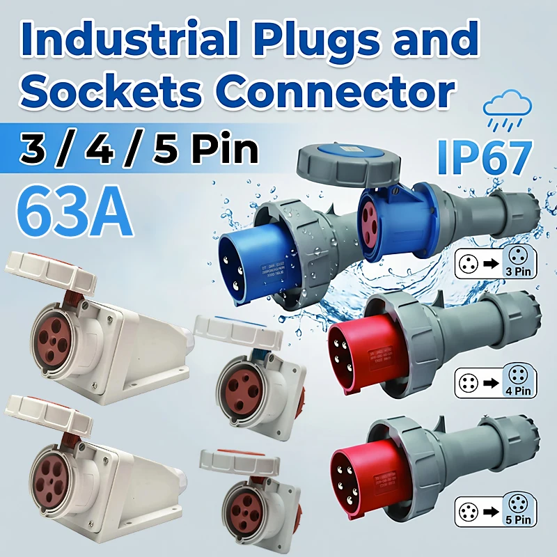 63A IP67 Waterproof Industrial Power Connector – 3P/4P/5P 415V CEE Plug & Receptacle, Heavy Duty Copper Contacts for Factory