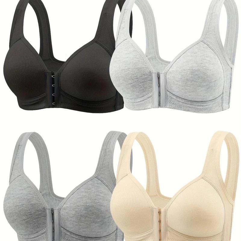 4 قطع من حمالات الصدر الأنيقة بدون خياطة للنساء بتصميم إغلاق أمامي، بطانة مادة نايلون قابلة للتنفس - طراز مريح