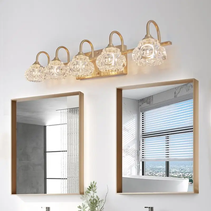 Modern Crystal 5-Light Bathroom Vanity Light, Golden Wall Sconce with Clear Glass Shade, Elegant Wall Mount Lighting for