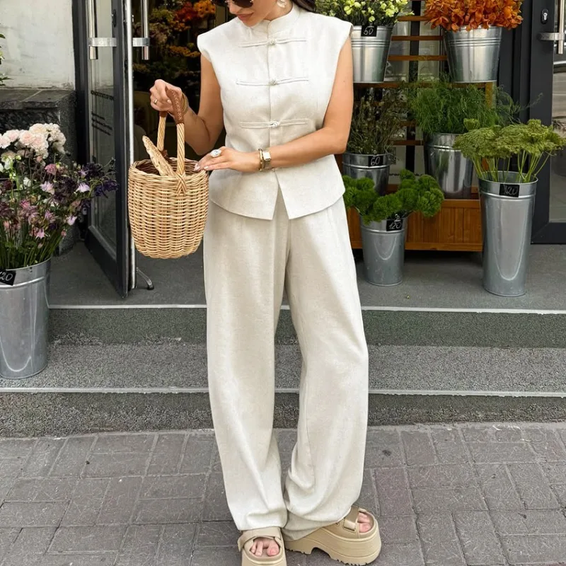 Women 2026 New Chinese Style Stand Collar Frog Button Cardigan High Waist Straight Leg Pants Cotton Linen Two Piece Set Trendy