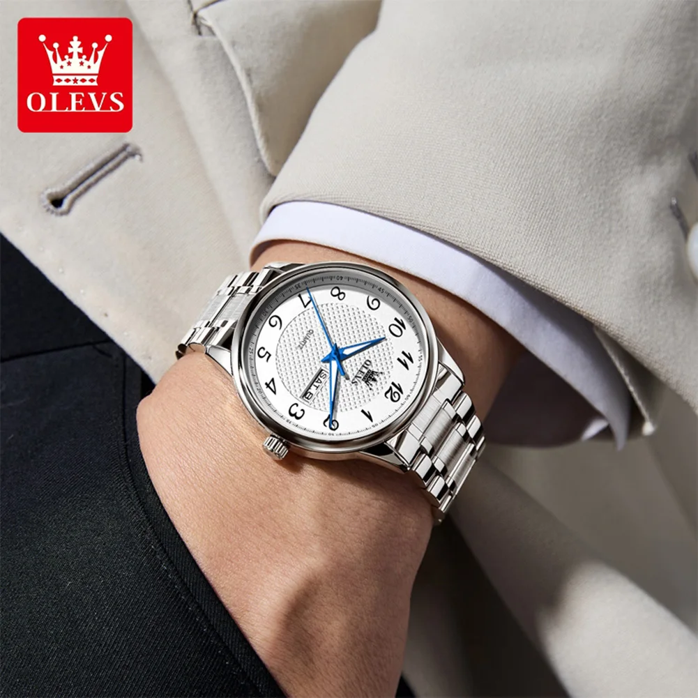 

Часы OLEVS, синий указатель, дизайн, дата, кварцевые часы, мужские светящиеся наручные часы с ремешком из нержавеющей стали для мужчин