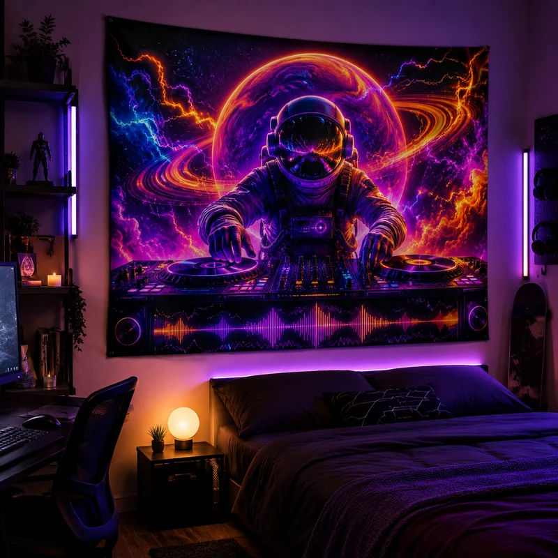 Vikama Cyberpunk Astronaut Tapestry Edm Aesthetic Vikama Dj Astronaut Tapestry Planetary Dj Turntable Sonic Sci-Fi Wall