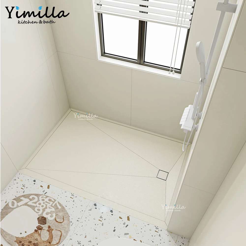 Customized Size Anti-Slip Artificial Stone Sliding Shower Base Modern Light Luxury Shower Tray Frame Drain Shower Room