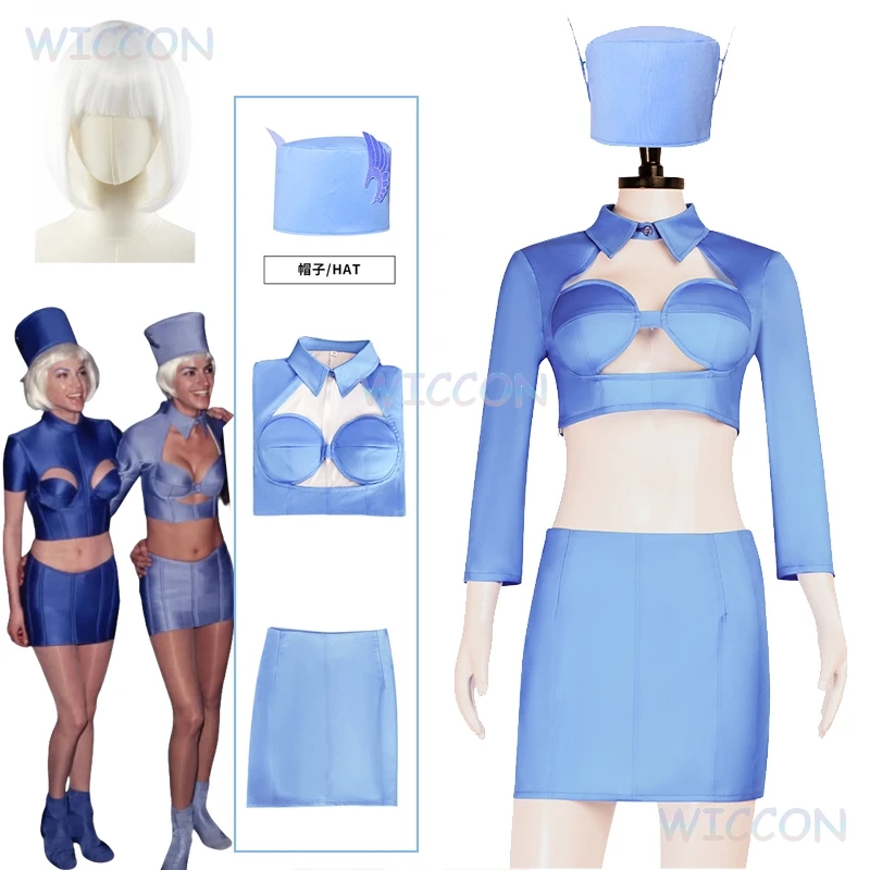 

The Fifth Film Element Zone 2 Stewardess Cosplay Costumes Blue Dress wig Clothes Staff Uniforms Women Halloween Party Outfits