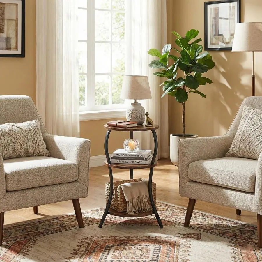 Small Round Side Table, 3Tier Slim Waist Circular End Table with Storage Shelf, Compact Tea Sofa Table, Round Corner Coffee Tab