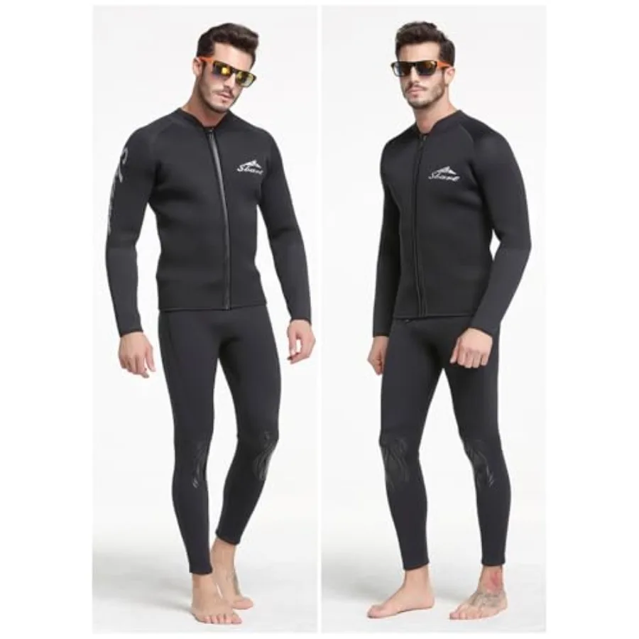

Scuba diving wetsuit for men: 1.5mm neoprene two-piece top and pants in black ultra-warm and flexible for snorkeling surfing pa