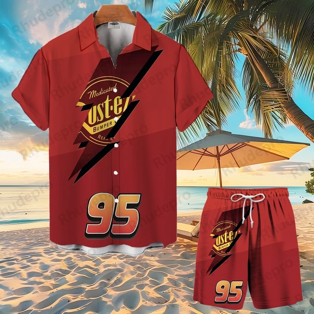

Disney Lightning Mcqueen Hawaiian Shirt Shorts Set Men Casual Beach Vacation Short Sleeve Set Cars Beach Shorts Retro Button