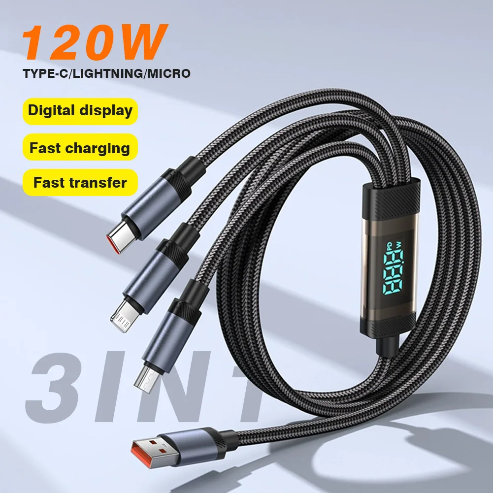 

3 in 1 Digital Display Data Cable 120W Fast Charging Lightning Type-C Micro For iPhone16 15 iPad MacBook Samsung Xiaomi Huawei