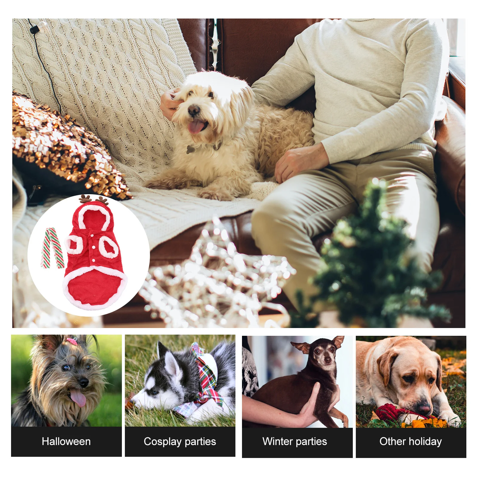 

Warm Christmas Dog Coat Flannel Fabric Elk Print Hooded Jacket for Winter Protection Holiday Festive Wear (Size L)