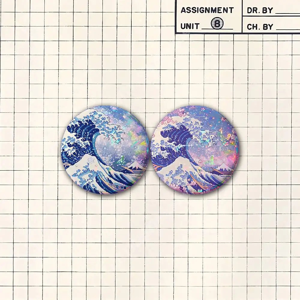 The Great Wave Off Kanagawa Button Badge 2PC Sets for Bags & Clothes & Accessories Metal Pin Vibrant Collection