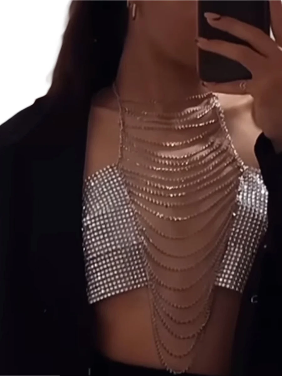 Women Sexy Crystal Body Chain Tank Top Rhinestone Tassel Halter Neck Sleeveless Backless Binkini Hollow Out Crop Tops Streetwear