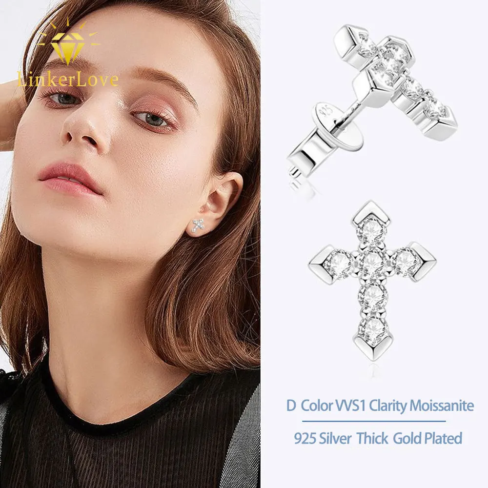 

LinkerLove S925 Sterling Silver Moissanite Cross Stud Earrings Fine Jewelry Gift for Women Christmas Party Baptism Easter Gift