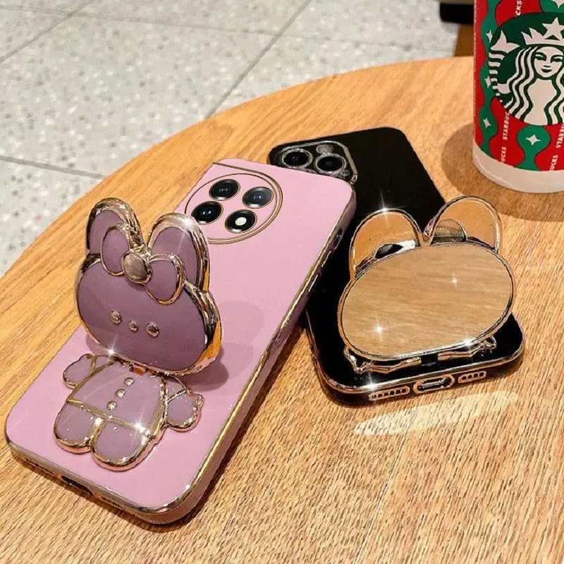 Rabbit Mirror Bracket Phone Case For Oneplus 11 11R 10 10R 10T 9R 9RT 9 8T 8 7 7T Pro NORD 2 5G Plating Holder Silicone Cover