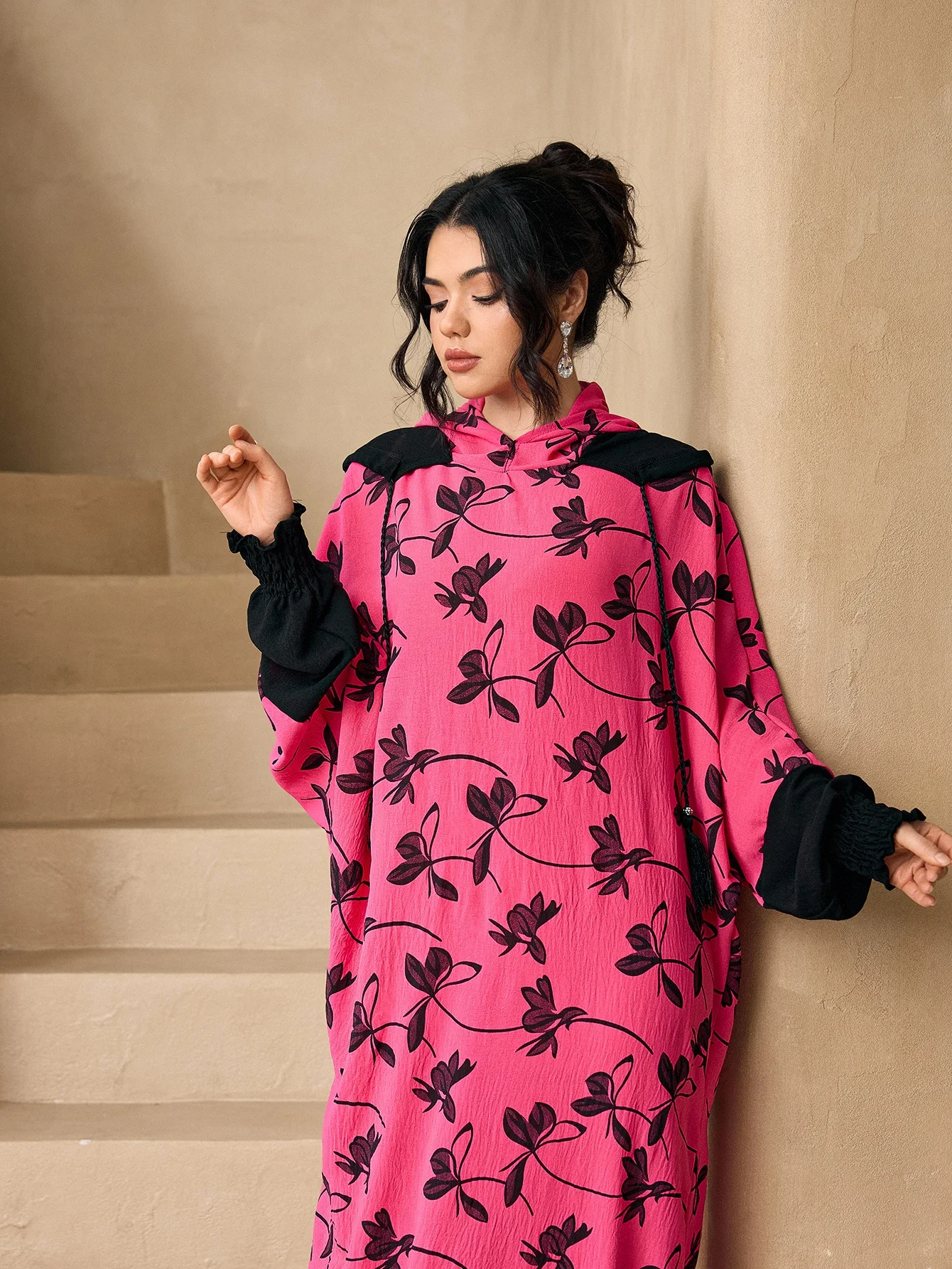 Abaya Modest Wear - Vintage Floral Hood Abaya 3Pcs Outfit,
