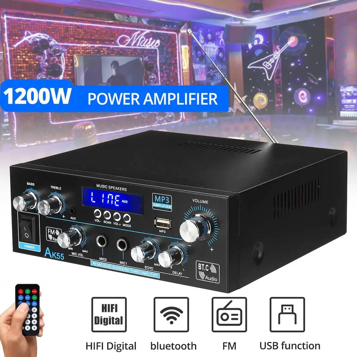 

Upgraded AK55 1200W Mini Hi-Fi Digital bluetooth-compatible 5.0 110-240V Wireless Power Amplifier for Car Home Audio Use