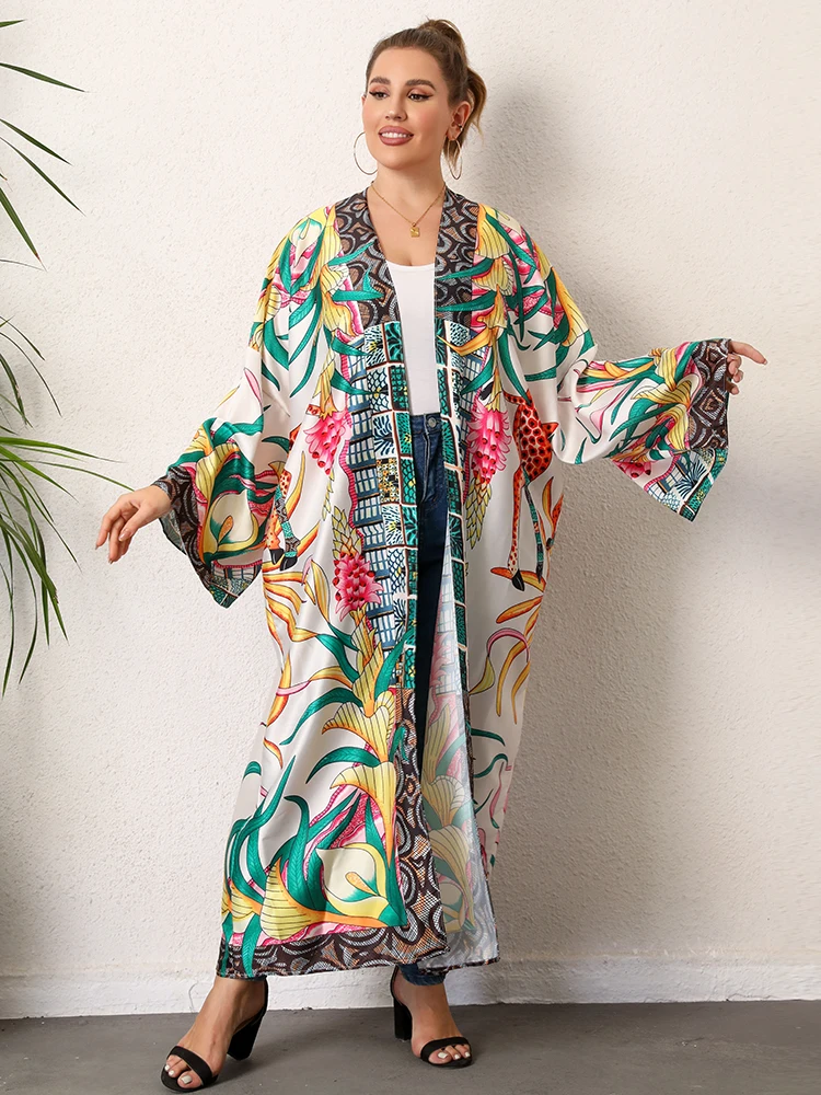 Plus rozmiar Boho Kimono damskie Plus tropikalny nadruk kontrastowe wiązanie z długim rękawem z przodu luźna Kimono plażowe