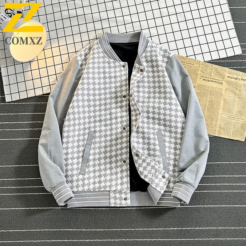 

COMXZ Autumn Jacket Men Baseball Loose Black White Plaid Color Block Fashion All-Match Casual Korean Style outdoor sports Coat