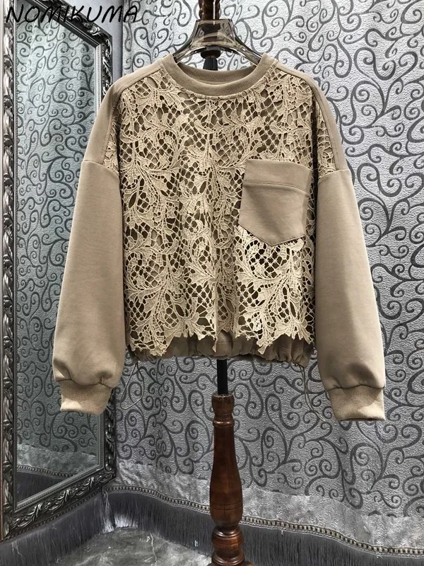 Nomikuma besticktes, ausgehöhltes Spitzen-Patchwork-Saum-Sweatshirt mit Kordelzug und Rundhalsausschnitt für Damen, 2024, Herbst-Nischen-Casual-Top