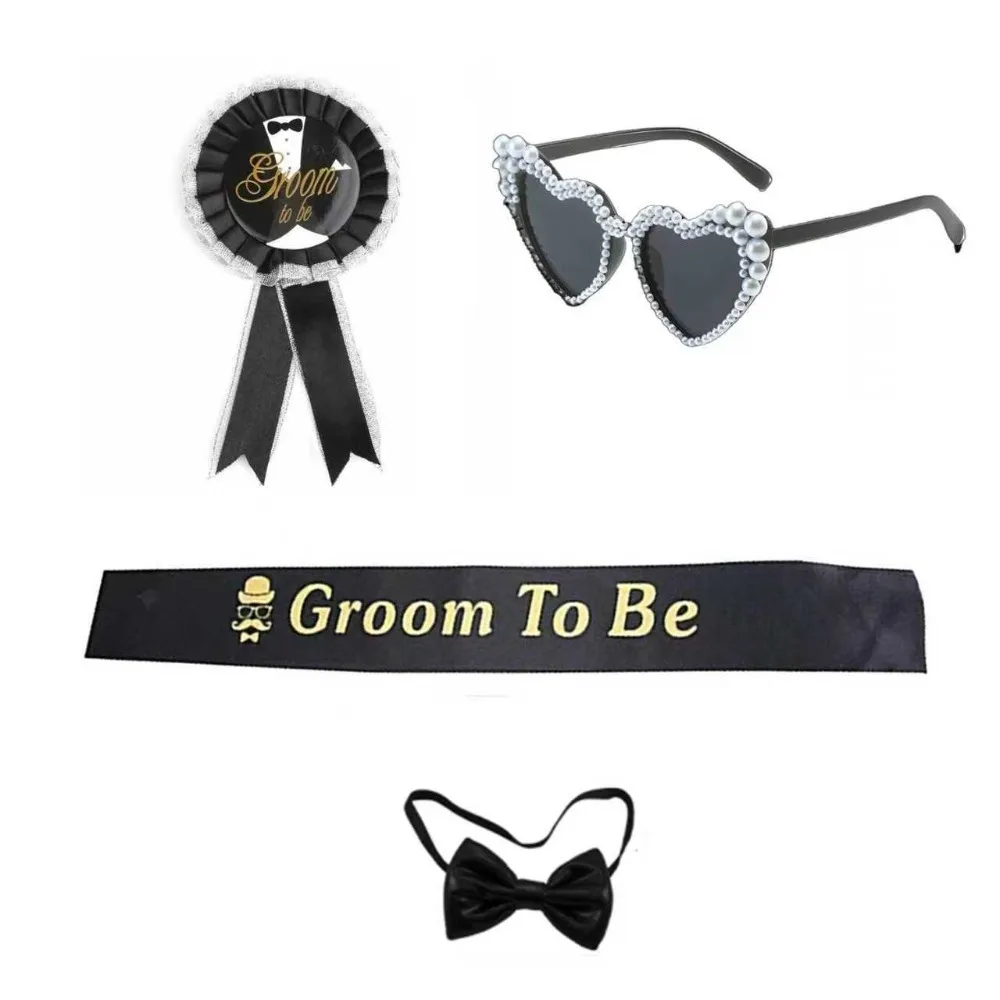 Conjunto de decoração de pré-festa de casamento do noivo PESENAR: combinação de flores de peito, óculos de pérola de coração, fita e gravata