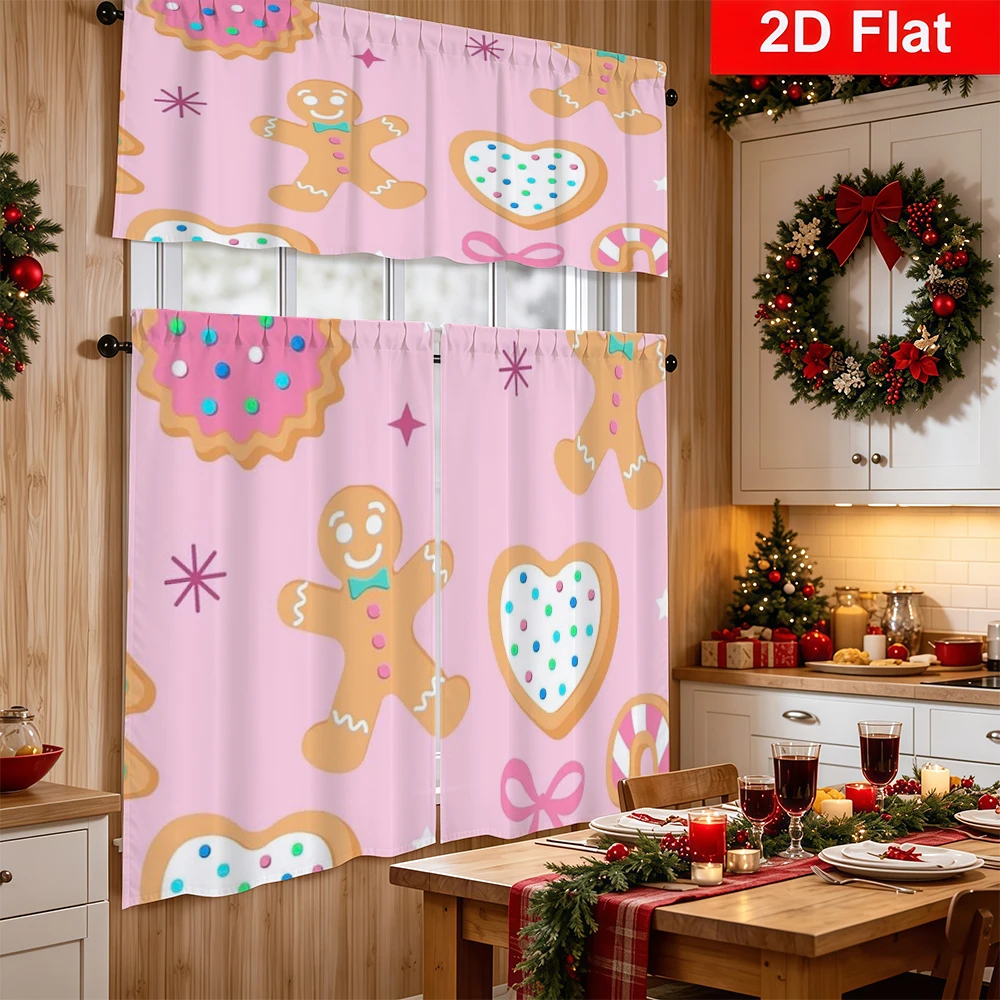 Christmas Kitchen Curtains, Pink Gingerbread Heart Cookie, Digital Print, Kitchen Dining Room, Rod Pocket Polyester, Home Decor