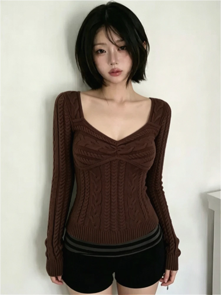 Ladies Chic Elegant Knitted Jumper Harajuku Korean Subculture Gothic Slim Fit Pullover Casual Streetwear Sweater Daily Outfit