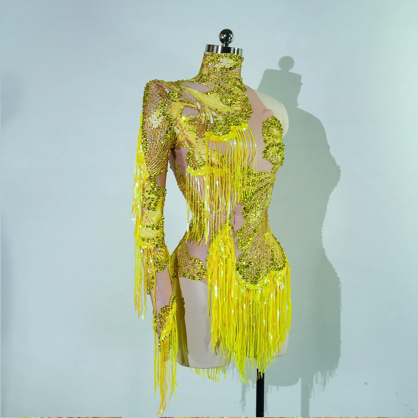 Seksowna piosenkarka świecące dżetów cekiny frędzle body z rękawami na jedno ramię impreza urodzinowa występ taneczny scena barowa