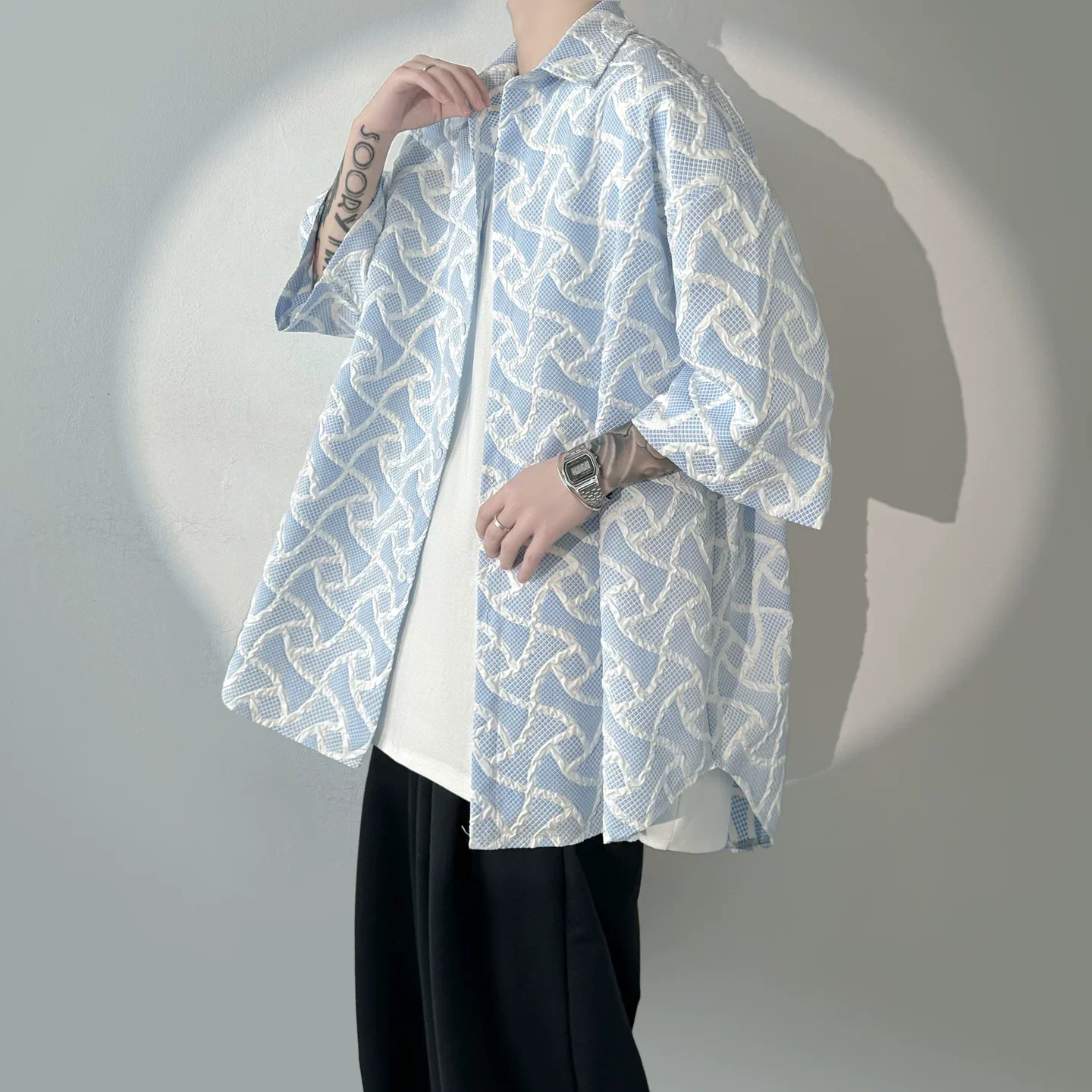 

Japanese Clothing Man Oversized Shirts Embossed Jacquard Designer Streetwear 2026 Summer Mens Short Sleeve Loose Cardigan Shirt