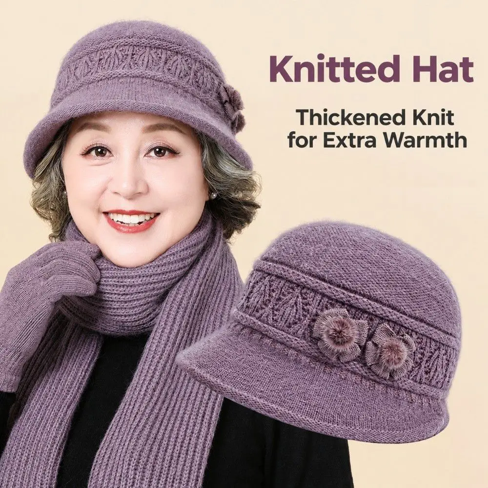 Elegant Faux Rabbit Fur Knitted Bucket Hat Thickened Warm Wide Brim Mom Hat Fleece Lined Wind Resistant Winter Hat Cold Weather