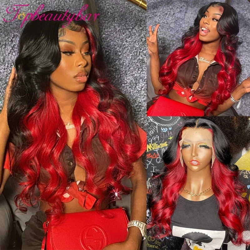 Warna merah Ombre 180% 13x6 Wig depan renda rambut Remy Brasil Wig rambut manusia gelombang tubuh 13x4 Wig depan renda untuk wanita