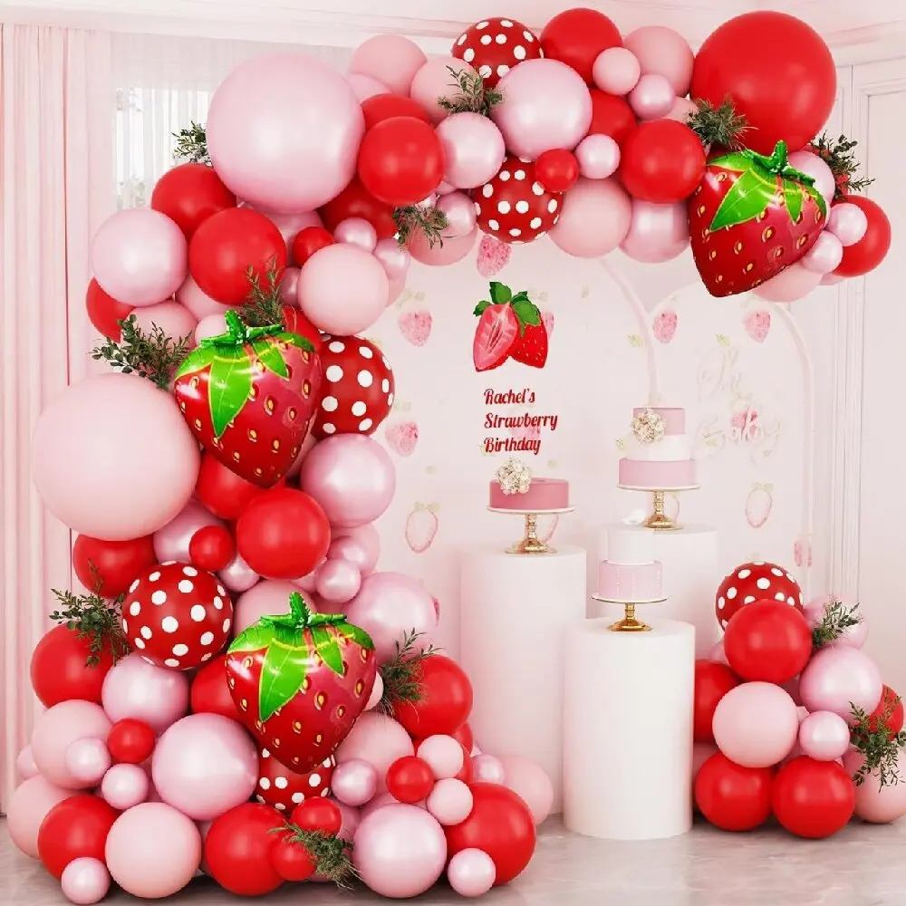 152 Stück hochwertiges Sommer-Ballon-Set mit Erdbeermotiv, Girlande, Bogen, Geburtstagsfeier, Hintergrunddekoration