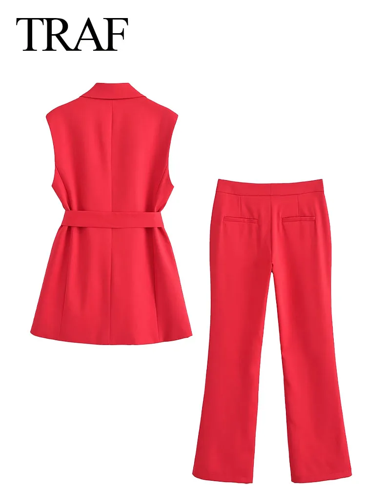 TRAF 2023 Autumn Woman Red Pants 2 Pieces Set Turn-Down Collar Sleeveless Pocket Belt Outerwear+ High Waist Zipper Trousers