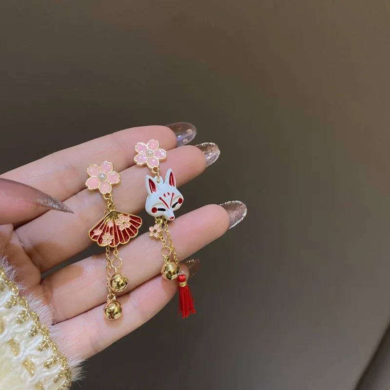 Chinese Style Fox Mask Folding Fan Asymmetrical Long Tassel Earrings For Women Girls Cherry Blossom Ear Hook Christmas Jewelry