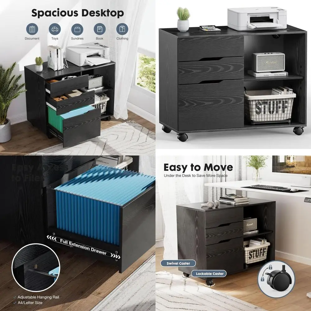 

Lateral File Cabinet with 3 Drawers Rolling Filing Cabinets Under Desk Storage Printer Stand Wood Organizer with Wheels Adjustab