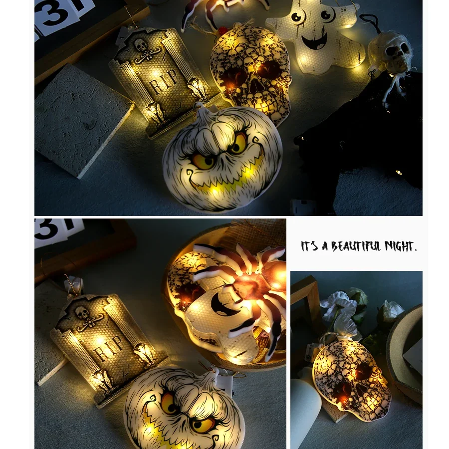 Lampu Led dekorasi Halloween, lampu lentera dekoratif Halloween lampu depan tengkorak iblis, lampu Led Jack-O-lentera dekorasi Halloween, senar lampu