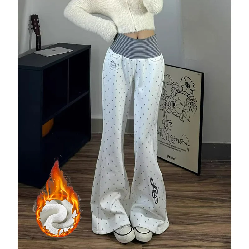 Winter Lady Designer Snow Warm Fleece Pants Girls High Waist Slim Fit Trousers Women Chic Korean Thermal Flared Pants