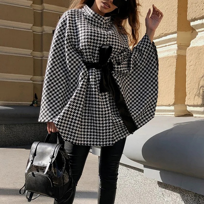 

Fashion Houndstooth Ladies Cloak Cape Coat Sashes High Street Casual Oversize Autumn Winter Women Elegant Long Sleeve Pullover