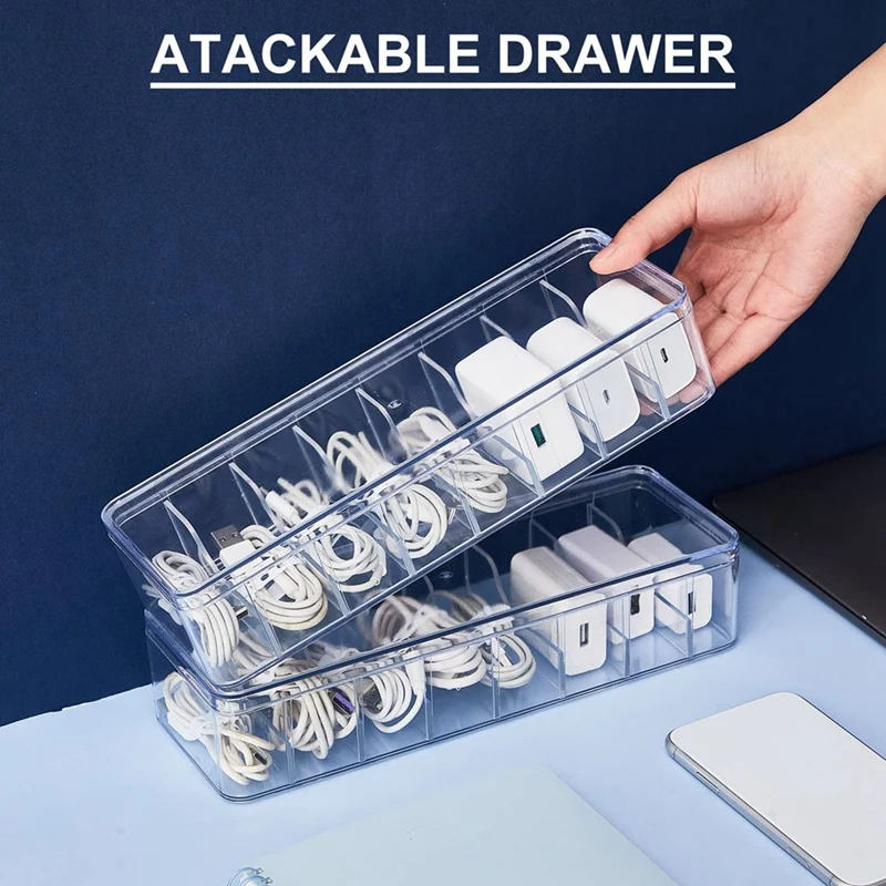 New 2Pcs Cable Storage Box With Wire Ties, Clear Cord Storage Box , Organizer For Home Office Desk Organizers