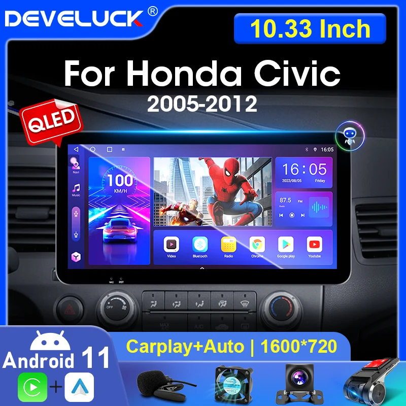 

10.33" Android 11 2 Din For Honda Civic 8 2005 - 2012 Car Radio Multimedia Video Player QLED Screen Stereo Carplay Auto DSP RDS