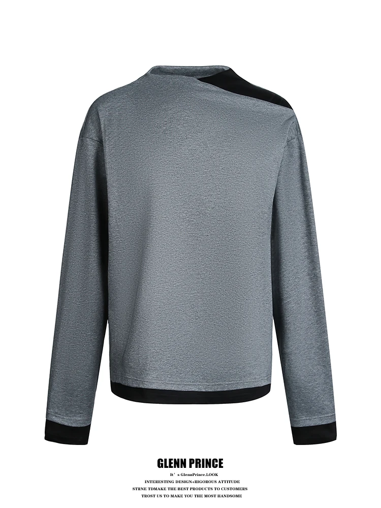 

Модный дизайн, черная футболка с асимметричным вырезом на плече, маленьким воротником-стойкой и длинными рукавами, универсальная базовая футболка для мужчин, для повседневной носки.