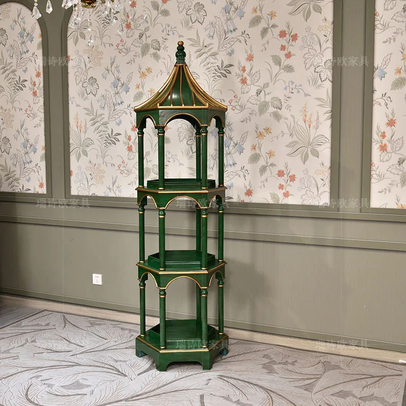 French retro green and gold hexagonal shelves, mid-ancient style living room corner multi-layer display shelves